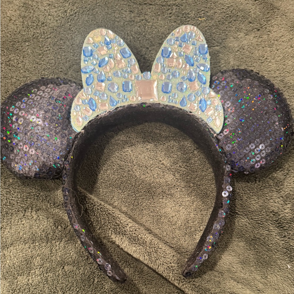 Disney Parks 60th Anniversary Minnie Mouse Ears Headband Blue Jeweled Bow